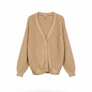 QUALFORT Chunky Waffle Knit Cardigan Women's 100% Cotton Beige Tan L V-Neck